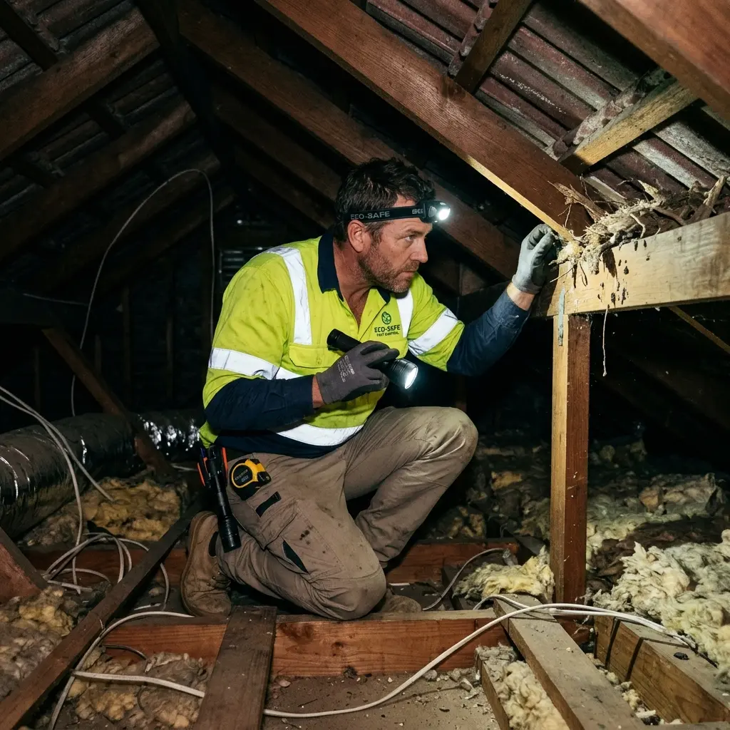 Technician inspecting a roof cavity for a dead animal in Miners Rest